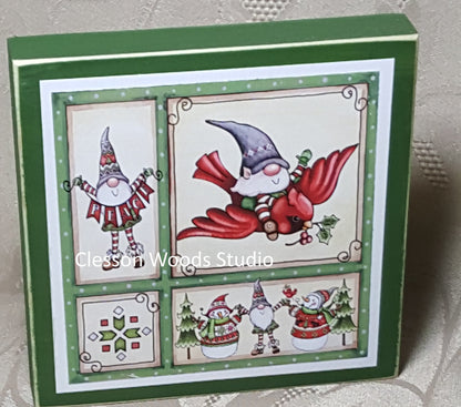 Winter Gnome Friends Small Square Wood Block Sign (Green)