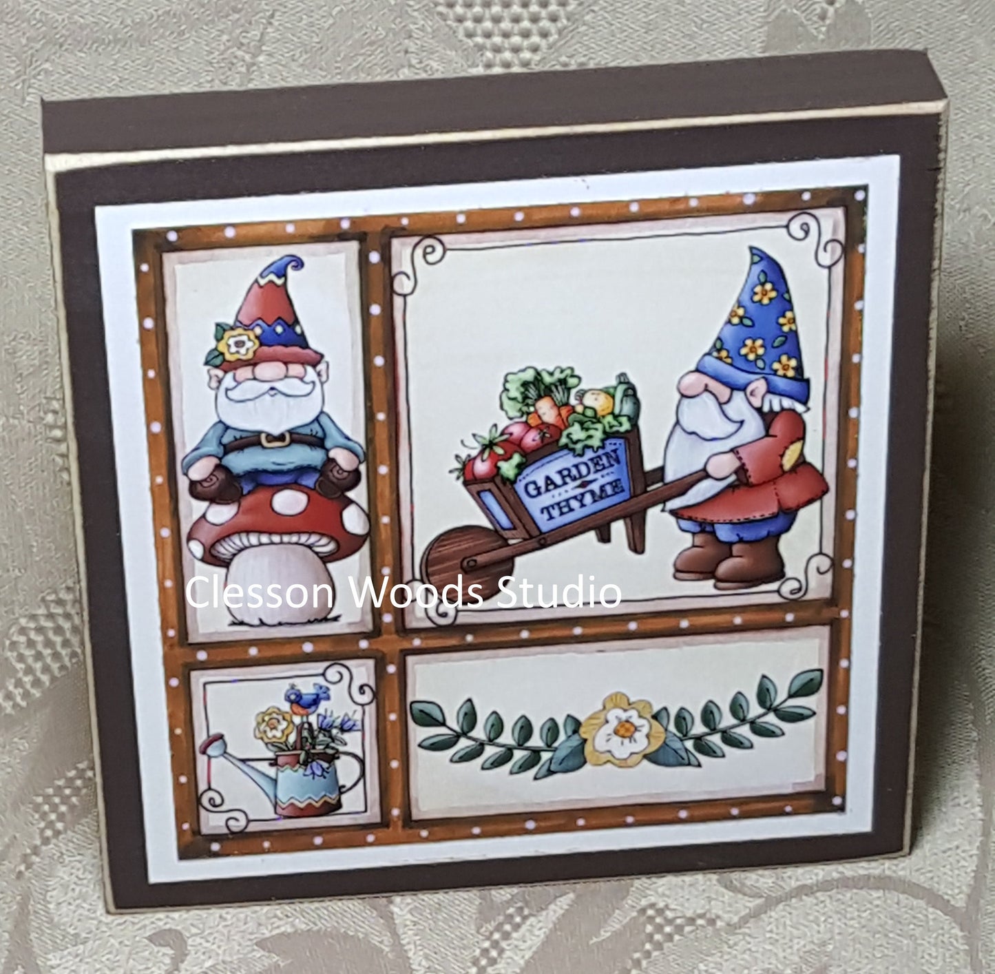 Garden Gnome Friends Small Square Wood Block Sign (Wheelbarrow)