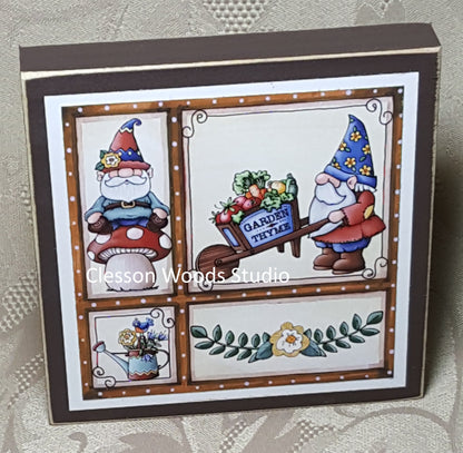 Garden Gnome Friends Small Square Wood Block Sign (Wheelbarrow)