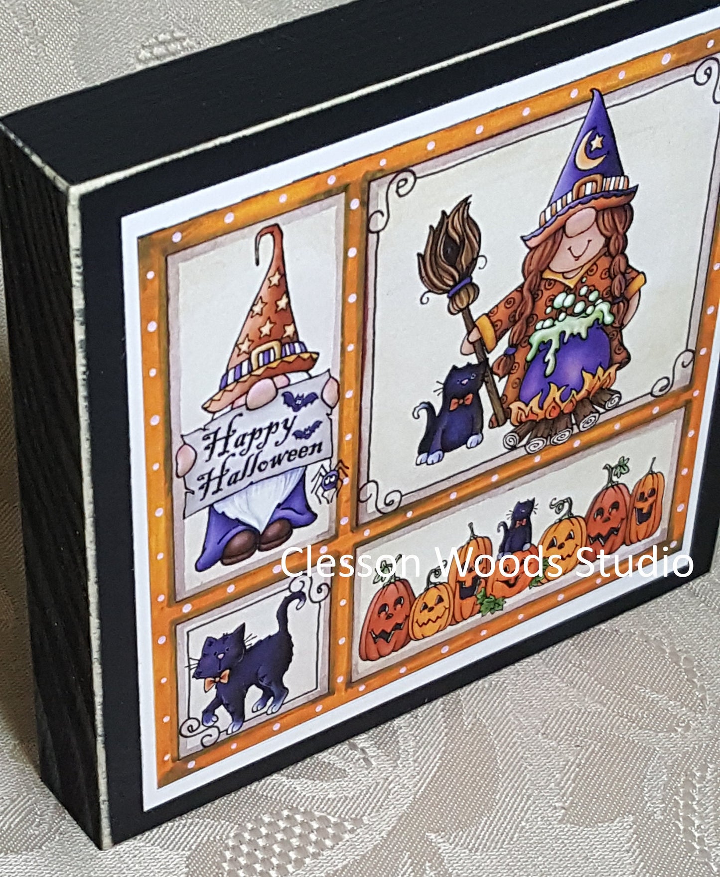 Halloween Gnome Friends Small Square Wood Block Sign (Girl)