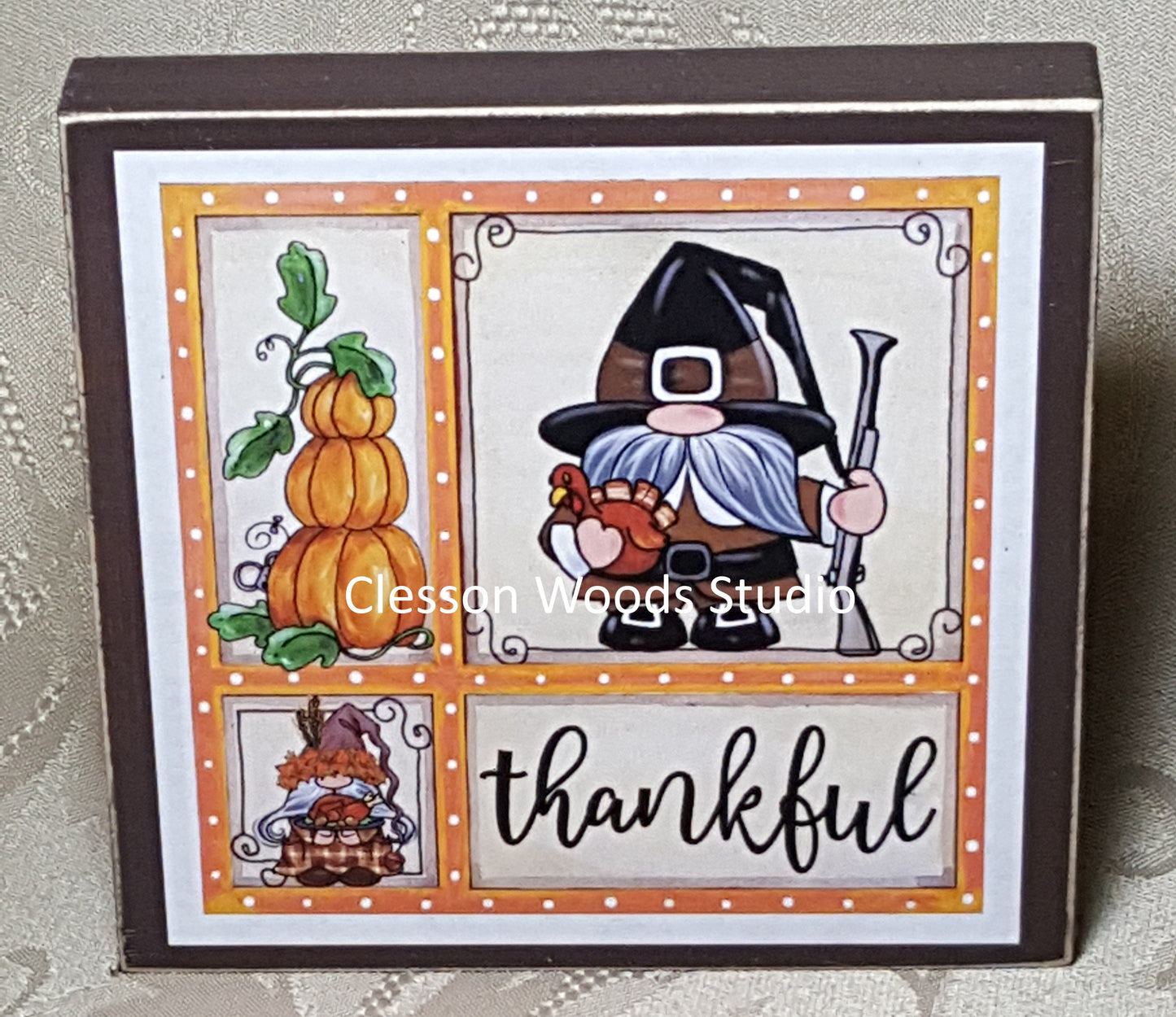 Thanksgiving Gnome Pilgrim Small Square Wood Block Sign