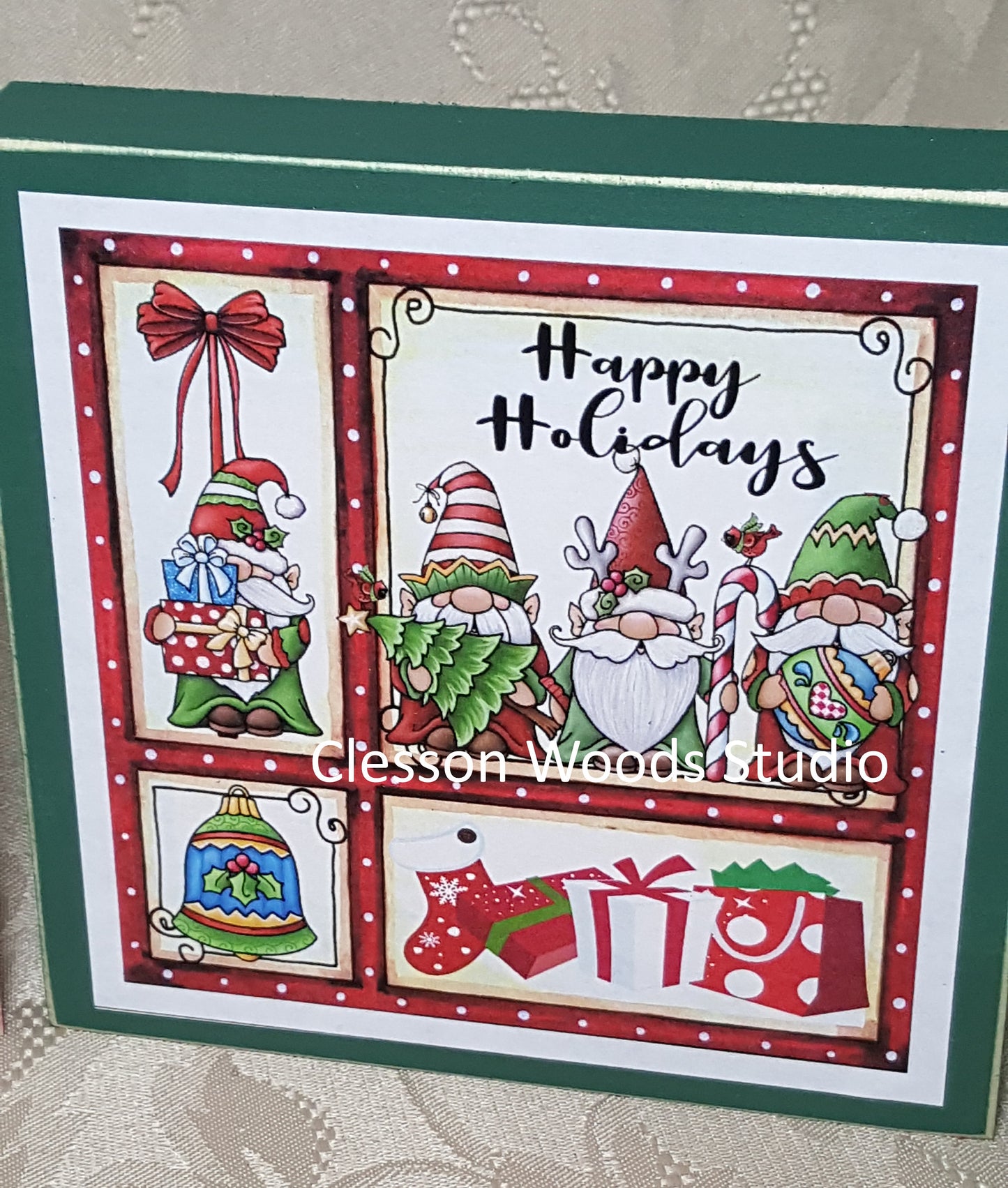 Happy Holidays Gnome Trio Small Square Wood Block Sign
