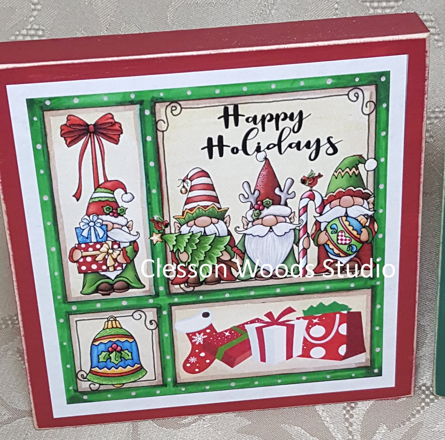 Happy Holidays Gnome Trio Small Square Wood Block Sign
