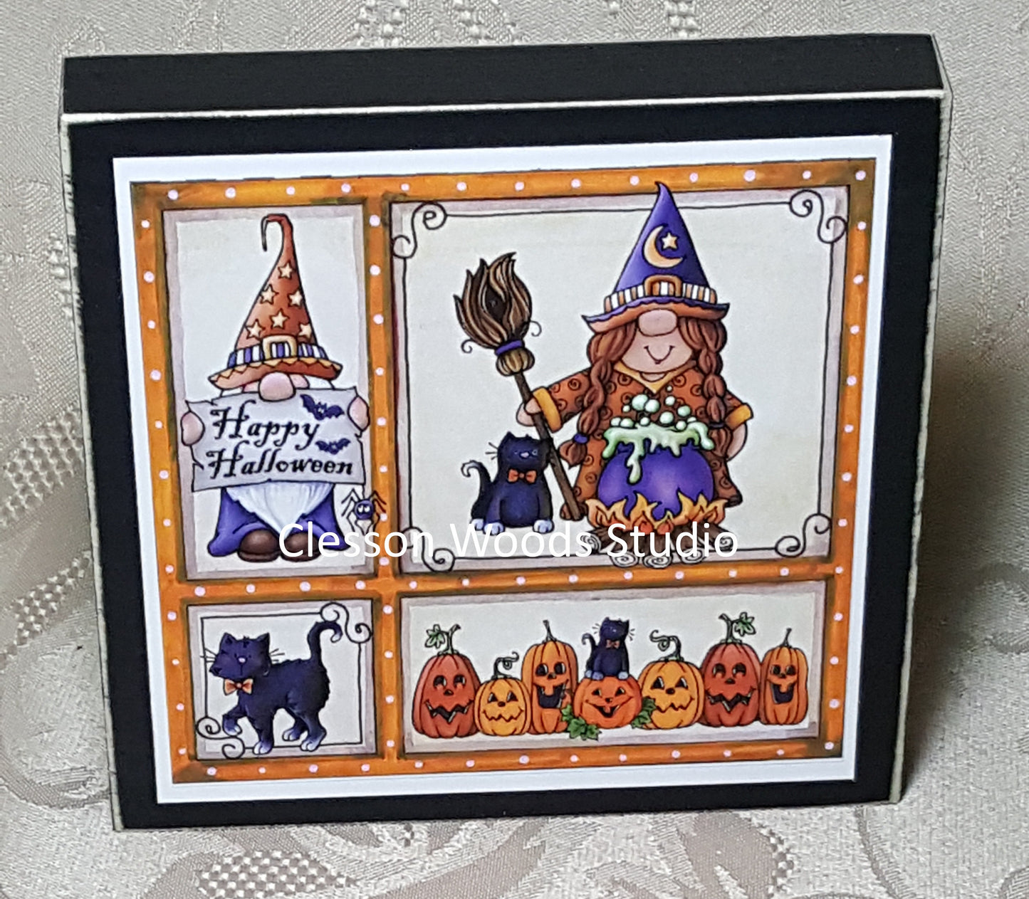 Halloween Gnome Friends Small Square Wood Block Sign (Girl)