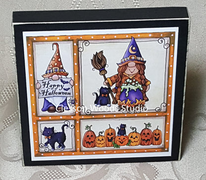 Halloween Gnome Friends Small Square Wood Block Sign (Girl)