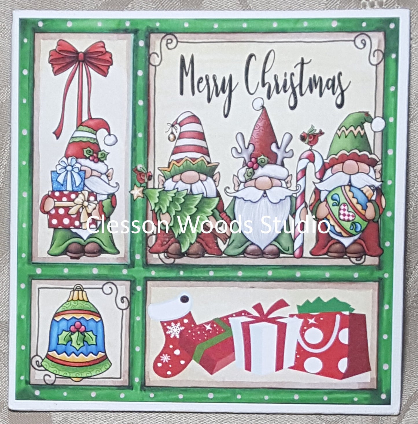 Christmas Trio Gnomes Merry Christmas (Green Frame) 5x5 Canvas Panel