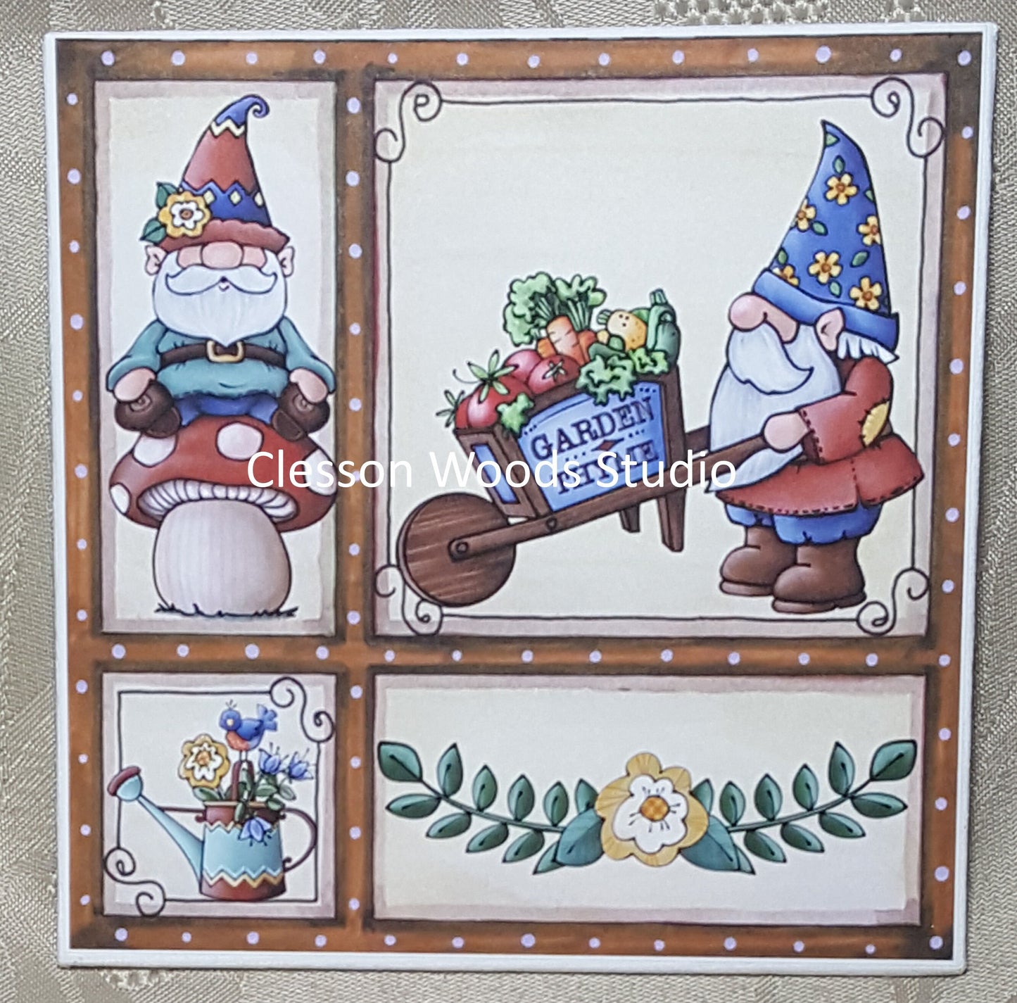 Spring Garden Gnomes With Wheelbarrow (Brown Frame) 5x5 Canvas Panel