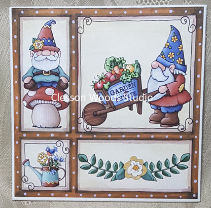 Spring Garden Gnomes With Wheelbarrow (Brown Frame) 5x5 Canvas Panel