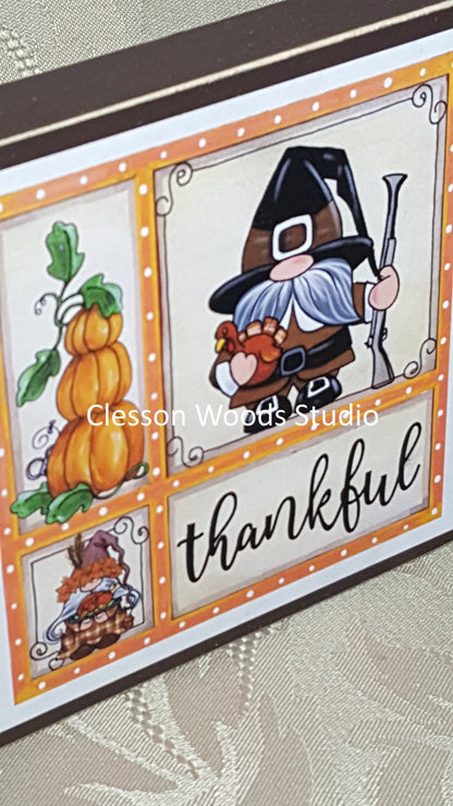 Thanksgiving Gnome Pilgrim Small Square Wood Block Sign