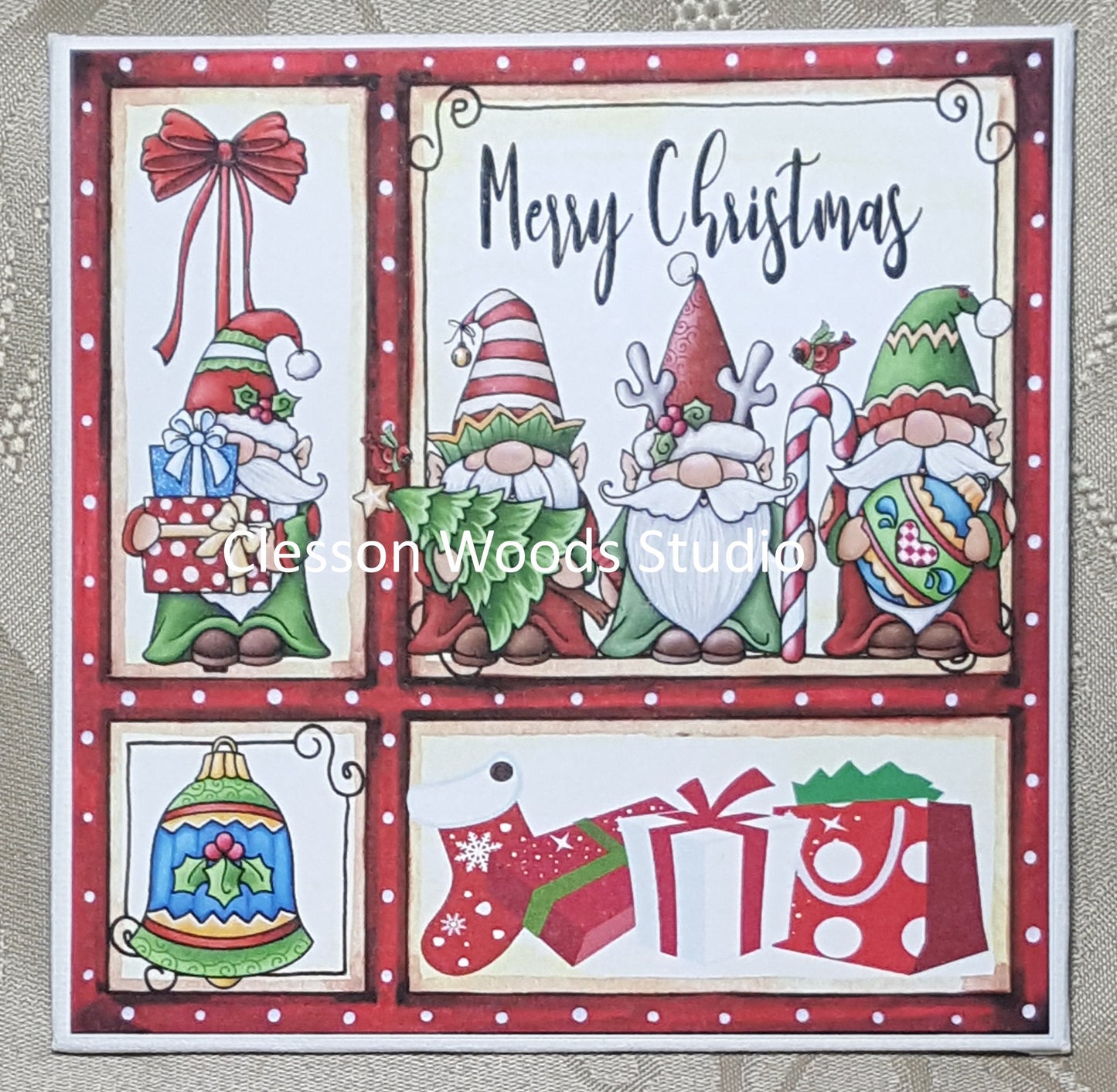 Christmas Trio Gnomes Merry Christmas (Red Frame) 5x5 Canvas Panel