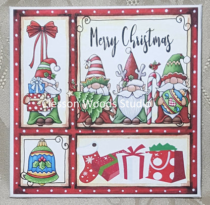 Christmas Trio Gnomes Merry Christmas (Red Frame) 5x5 Canvas Panel