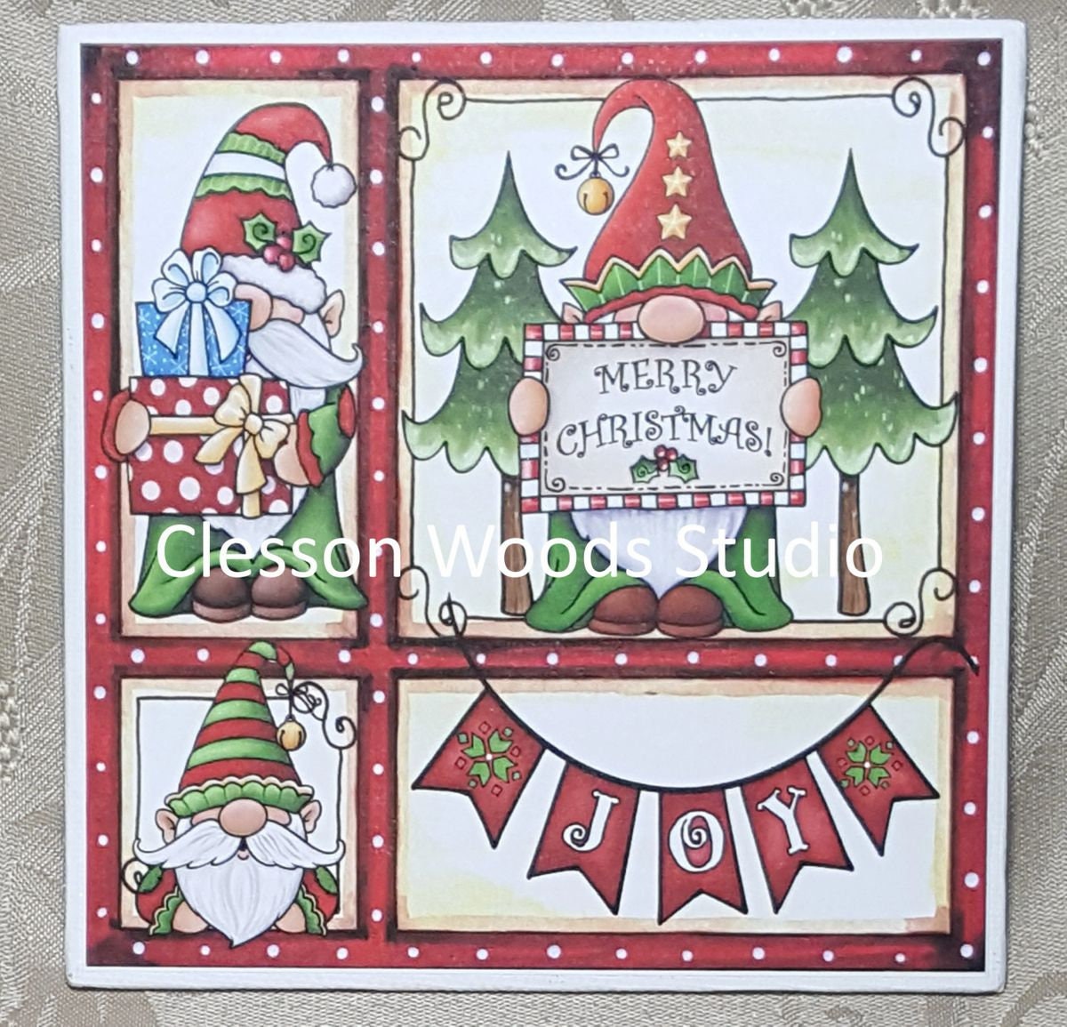Christmas Gnomes With JOY Banner (Red Frame) 5x5 Canvas Panel