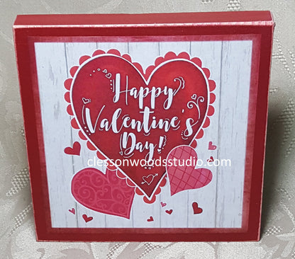 Happy Valentine's Day Trio of Hearts Red Wood Block Sign