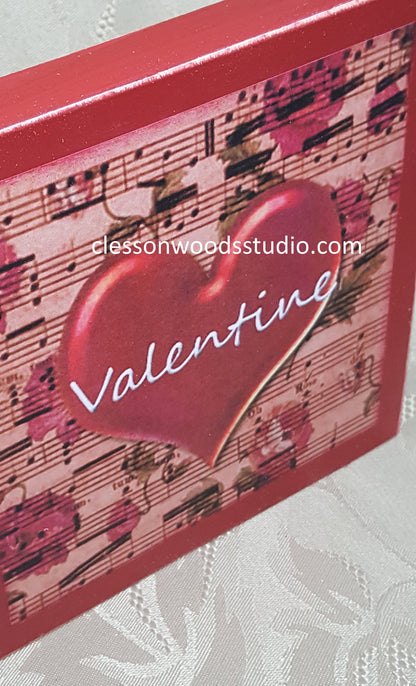 Valentine Heart on Sheet Music Red Wood Block Sign