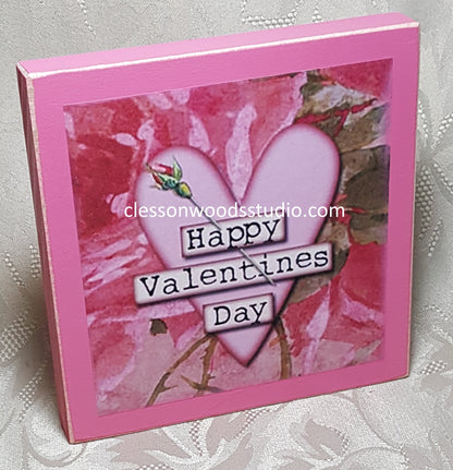 Happy Valentine's Day Rose and Heart Pink Wood Block Sign