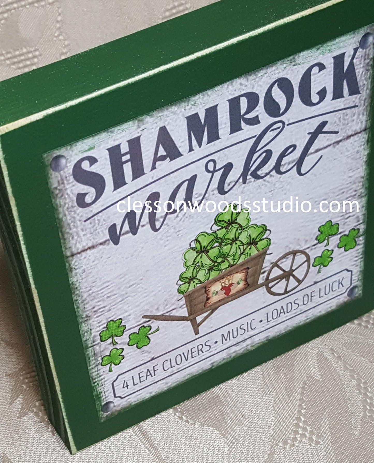 Shamrock Market Wheelbarrow Square Wood Sign