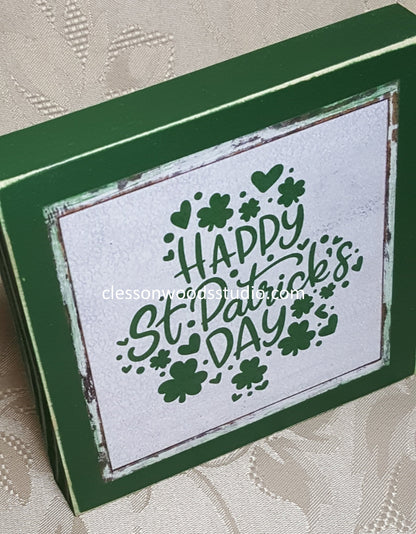Happy St Patrick's Day Shamrock Square Wood Sign