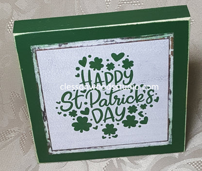 Happy St Patrick's Day Shamrock Square Wood Sign