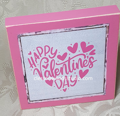 Happy Valentine's Day Words Heart Shape Square Wood Sign (Pink)