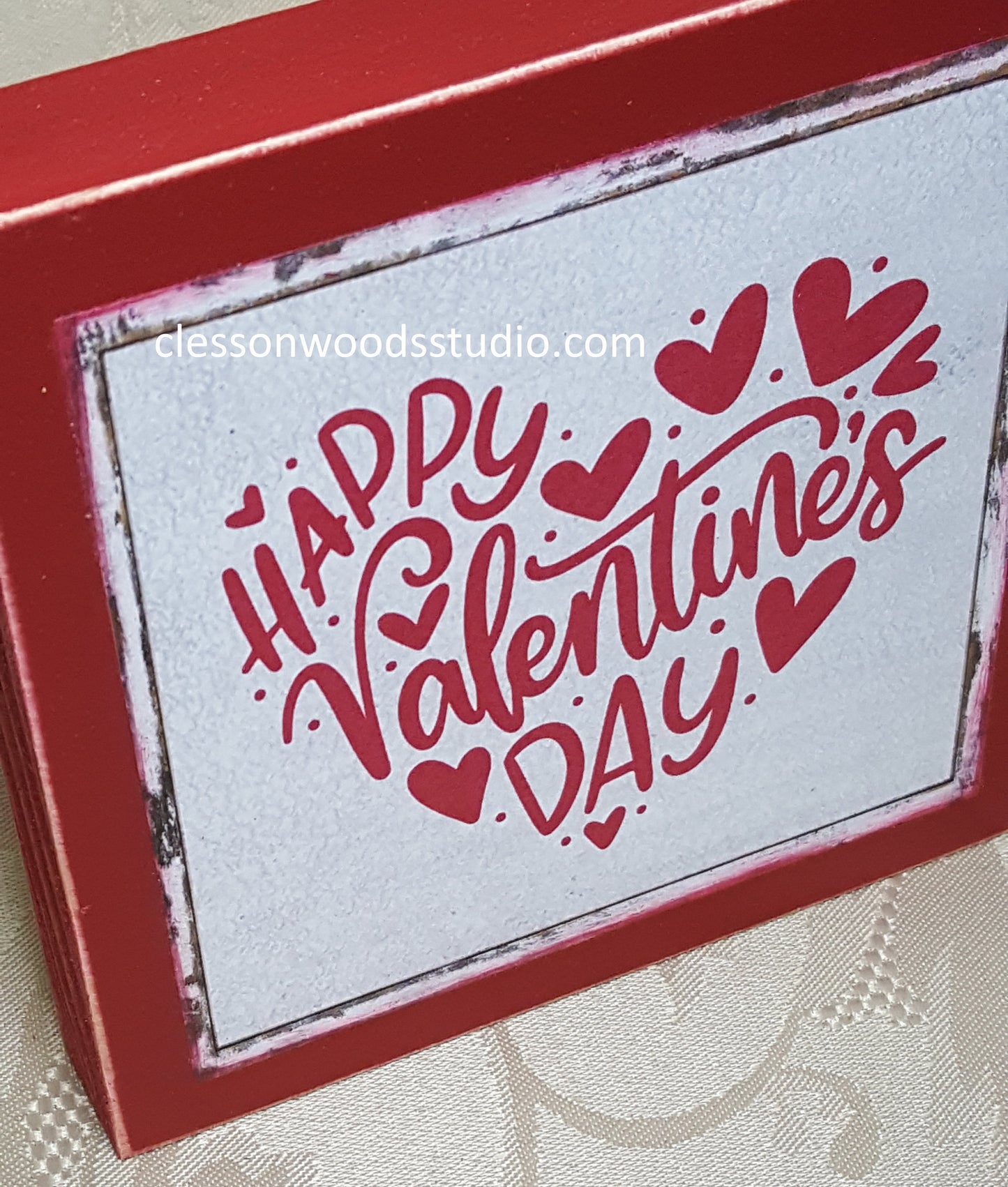 Happy Valentine's Day Words Heart Shape Square Wood Sign (Red)