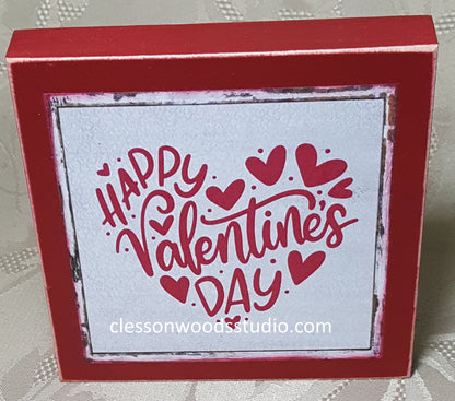 Happy Valentine's Day Words Heart Shape Square Wood Sign (Red)