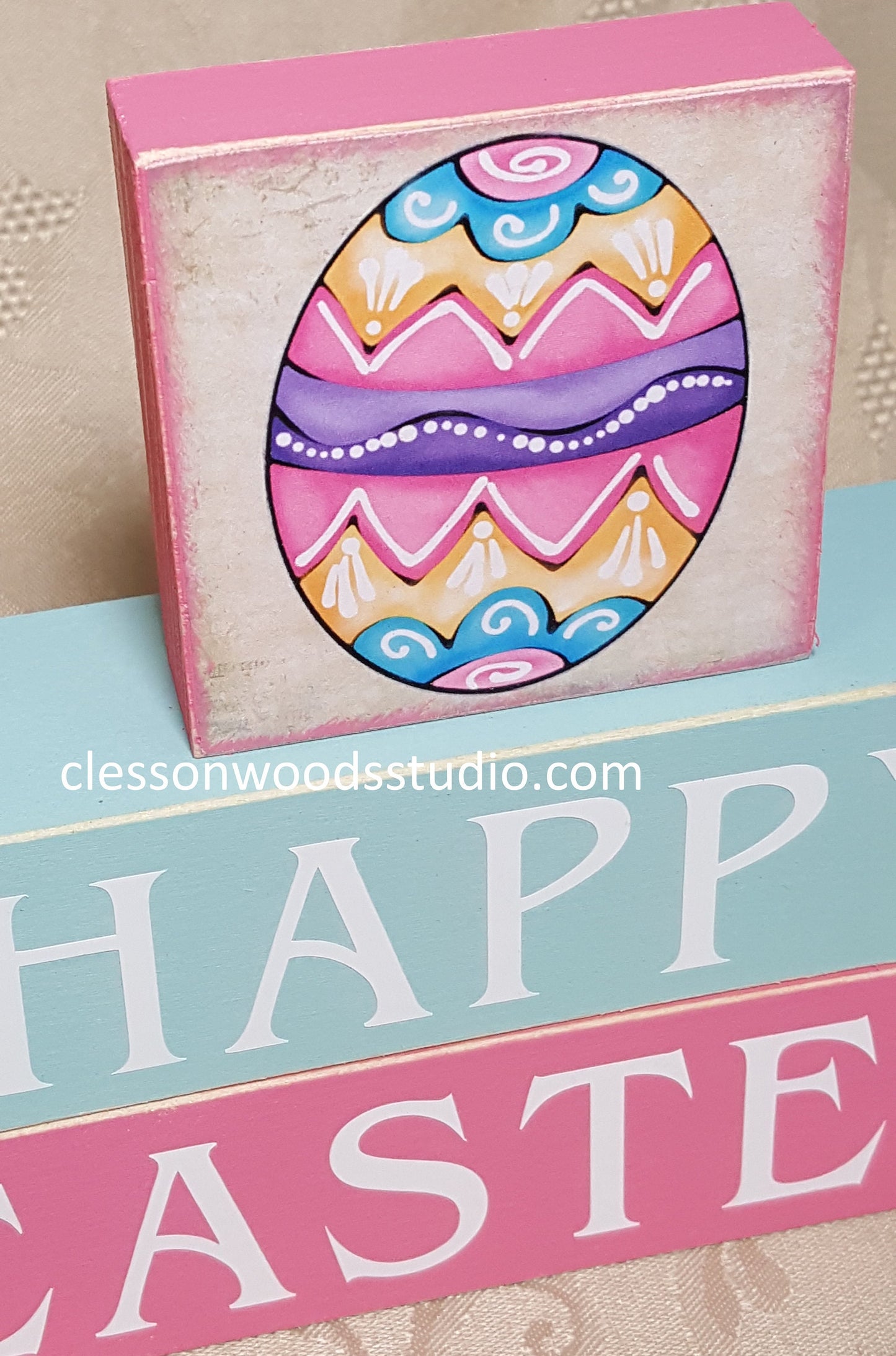Happy Easter Egg Blue/Pink  Wood Block Stack