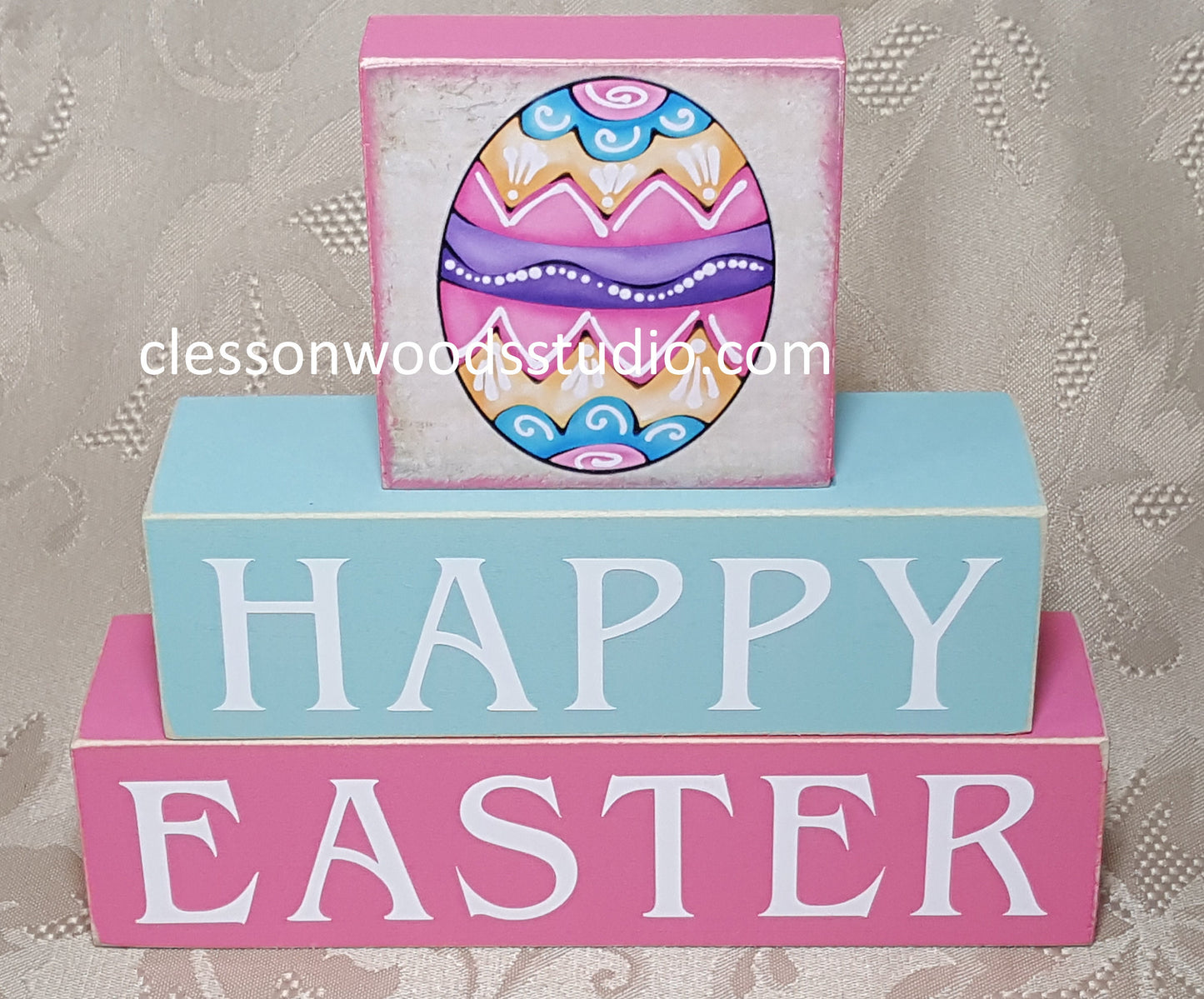 Happy Easter Egg Blue/Pink  Wood Block Stack