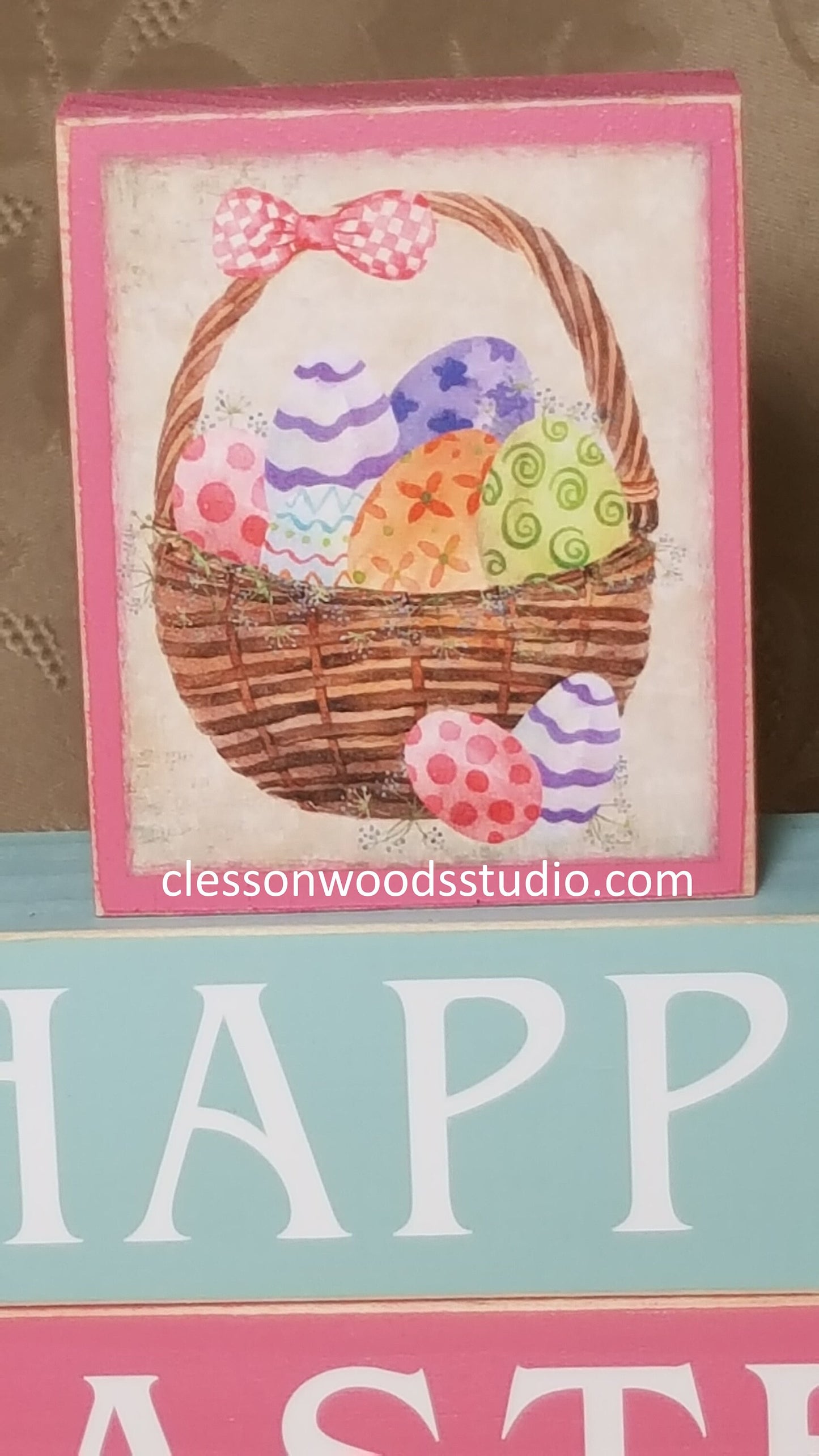 Happy Easter With Basket Wood Block Stack