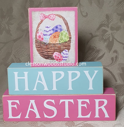 Happy Easter With Basket Wood Block Stack