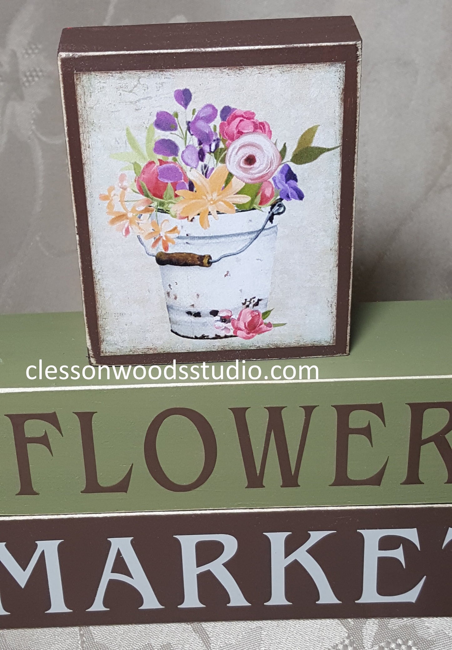 Flower Market Flowers in Bucket Wood Block Stack-BR/GR