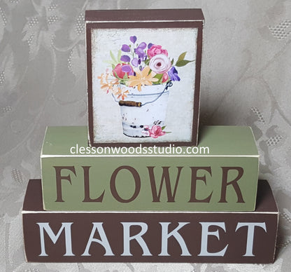 Flower Market Flowers in Bucket Wood Block Stack-BR/GR