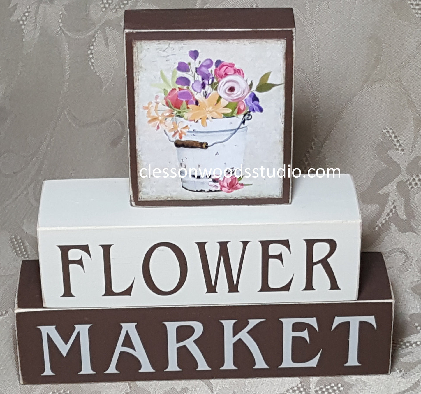 Flower Market Flowers in Bucket Wood Block Stack-BR/TAN