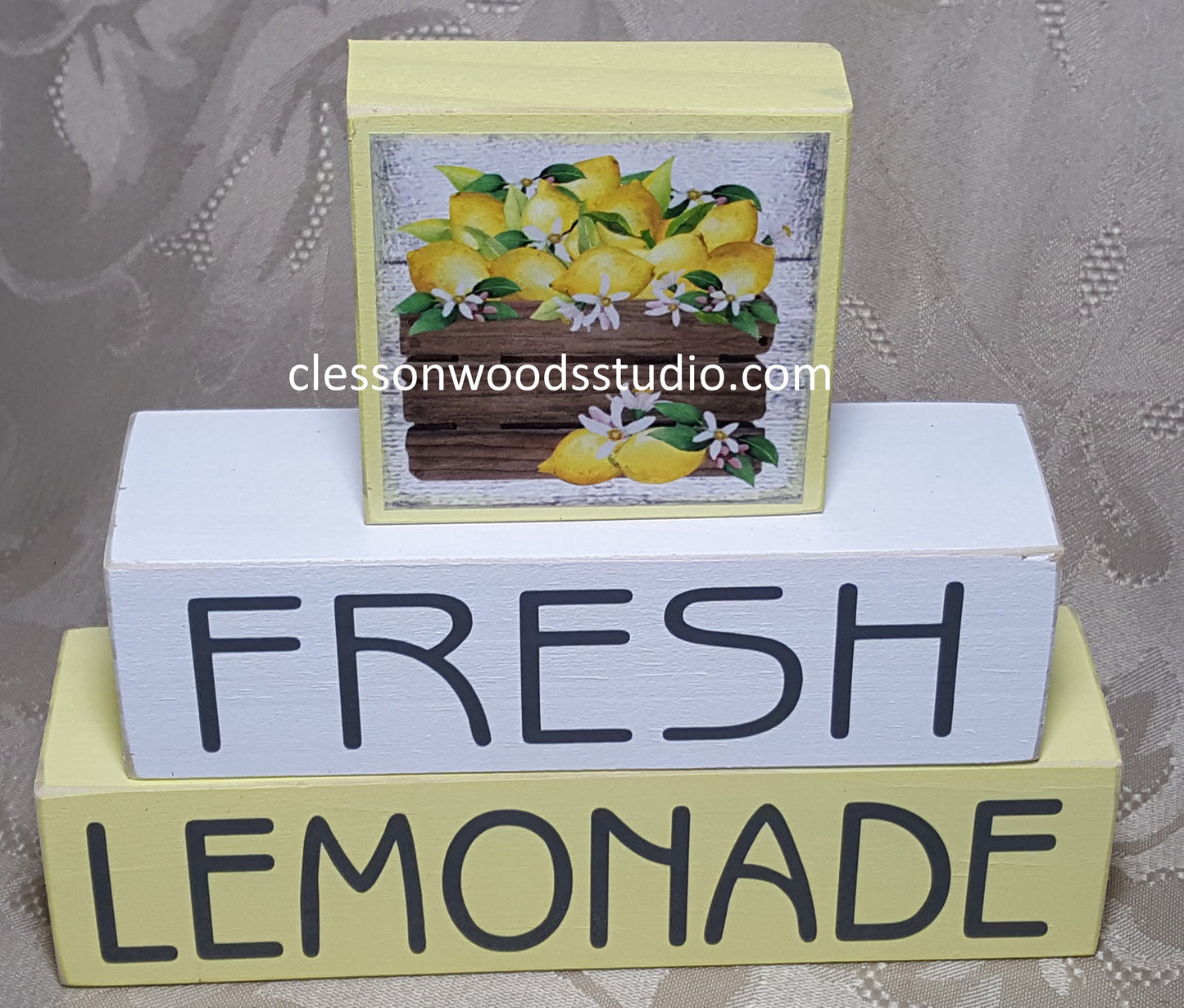 Fresh Lemonade Wood Crate of Lemons Wood Block Stack