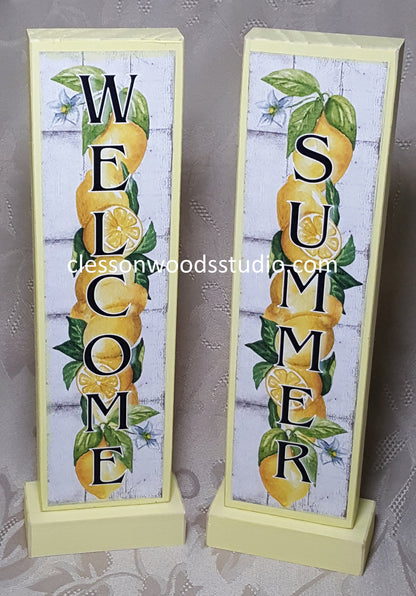 Welcome or Summer Lemons Vertical Wood Sign