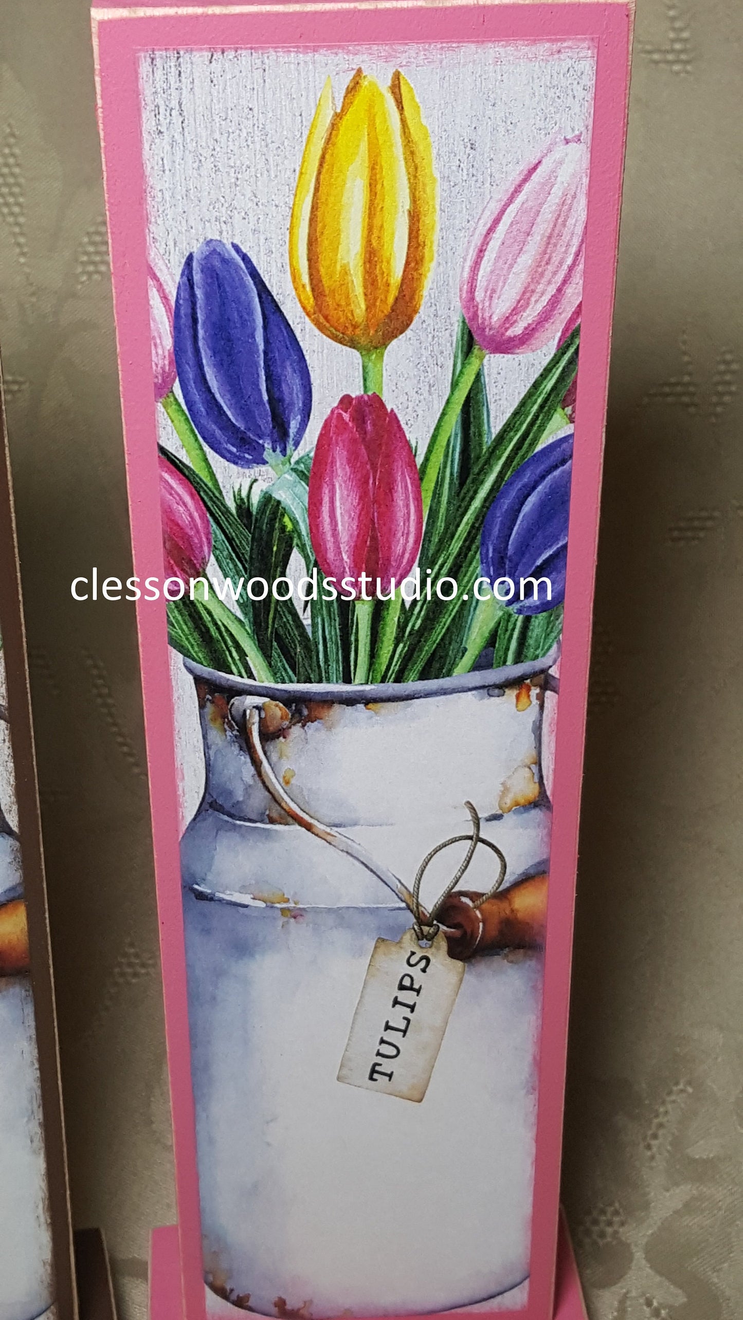Tulips in Metal Bucket Vertical Wood Sign