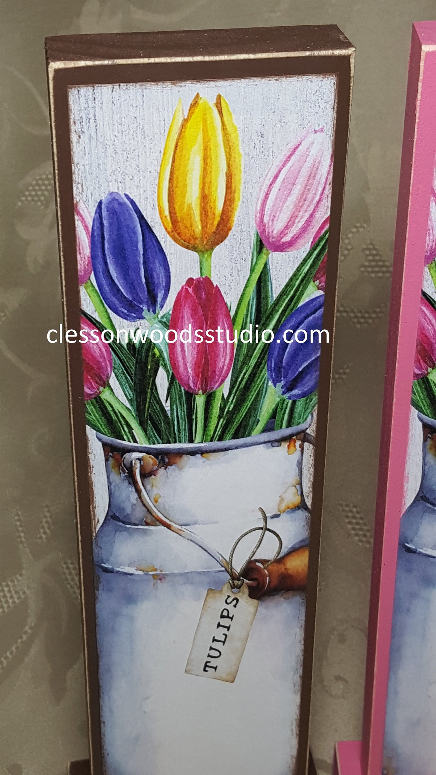 Tulips in Metal Bucket Vertical Wood Sign