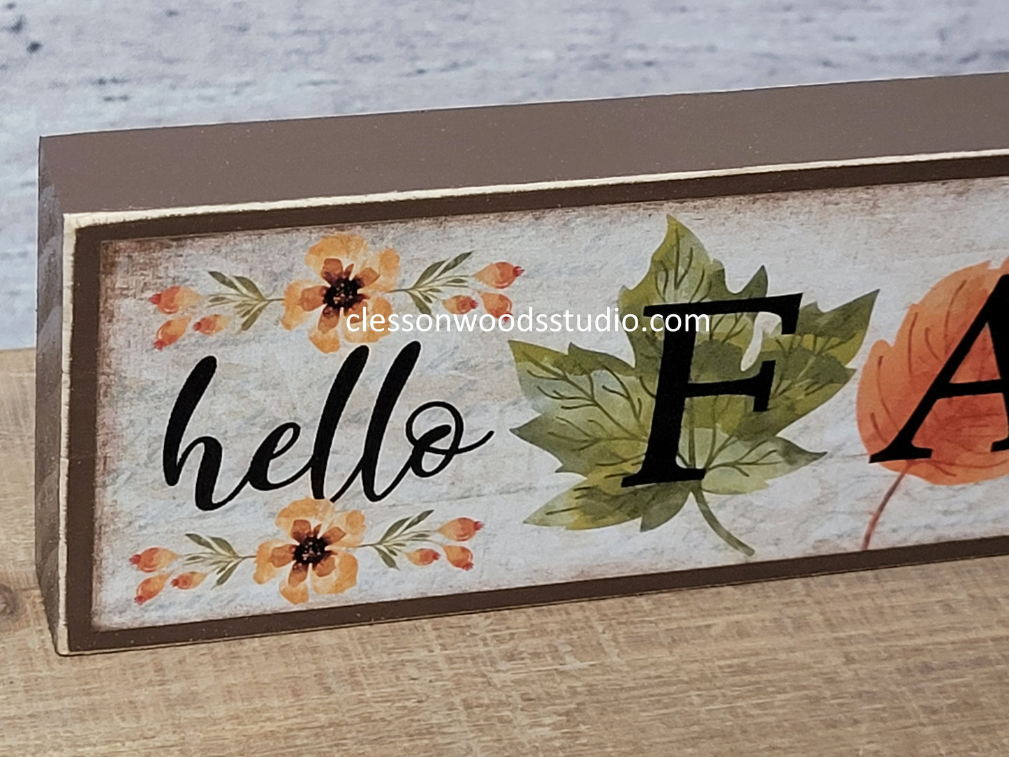 Hello Fall - Fall Leaves Brown Horizontal Wood Sign