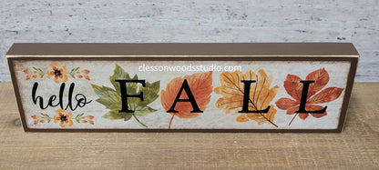 Hello Fall - Fall Leaves Brown Horizontal Wood Sign