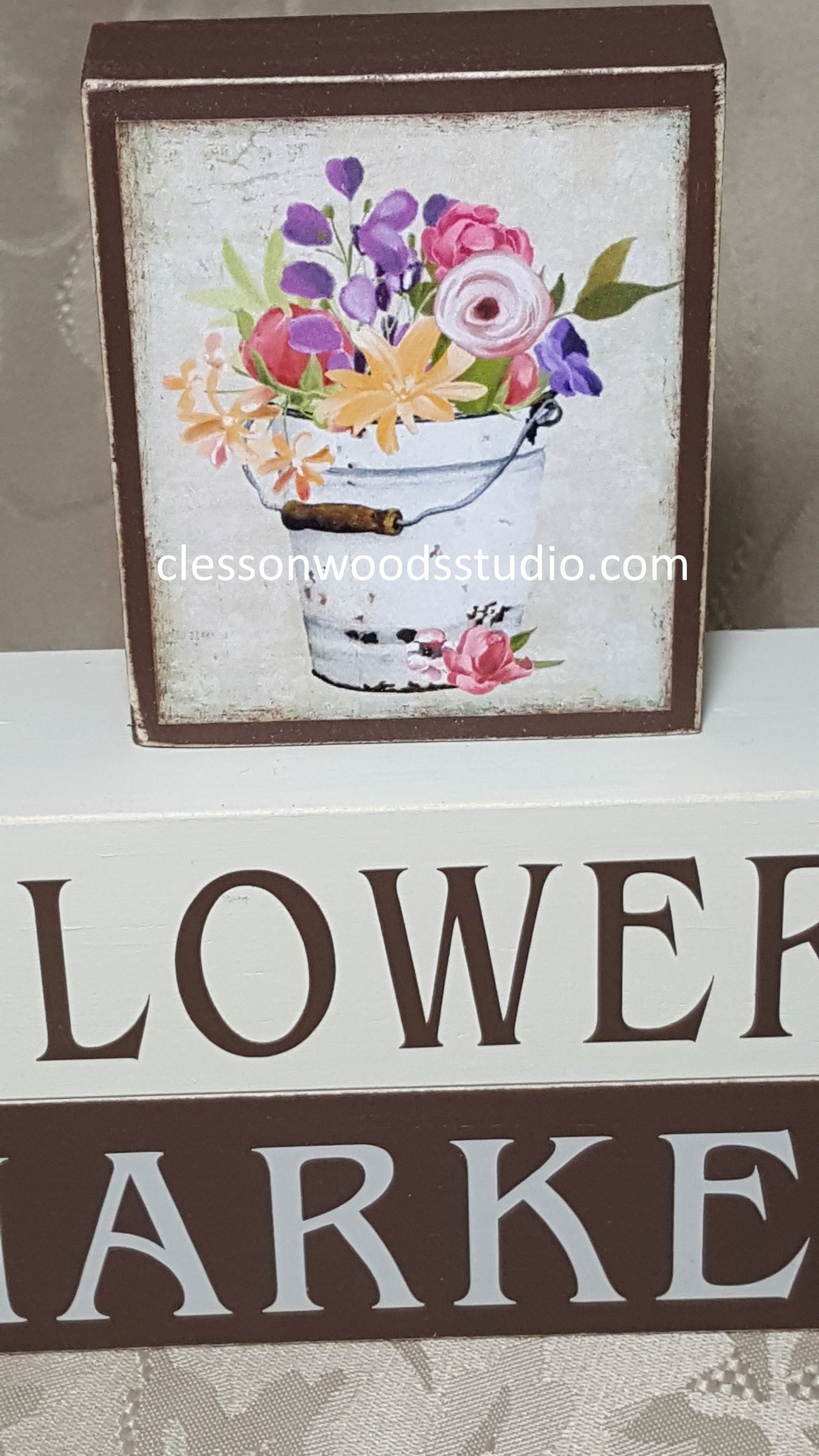 Flower Market Flowers in Bucket Wood Block Stack-BR/TAN
