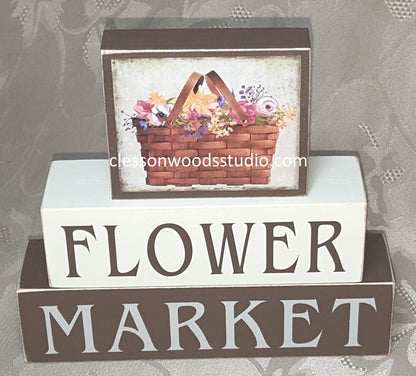 Flower Market Basket of Flowers Wood Block Stack