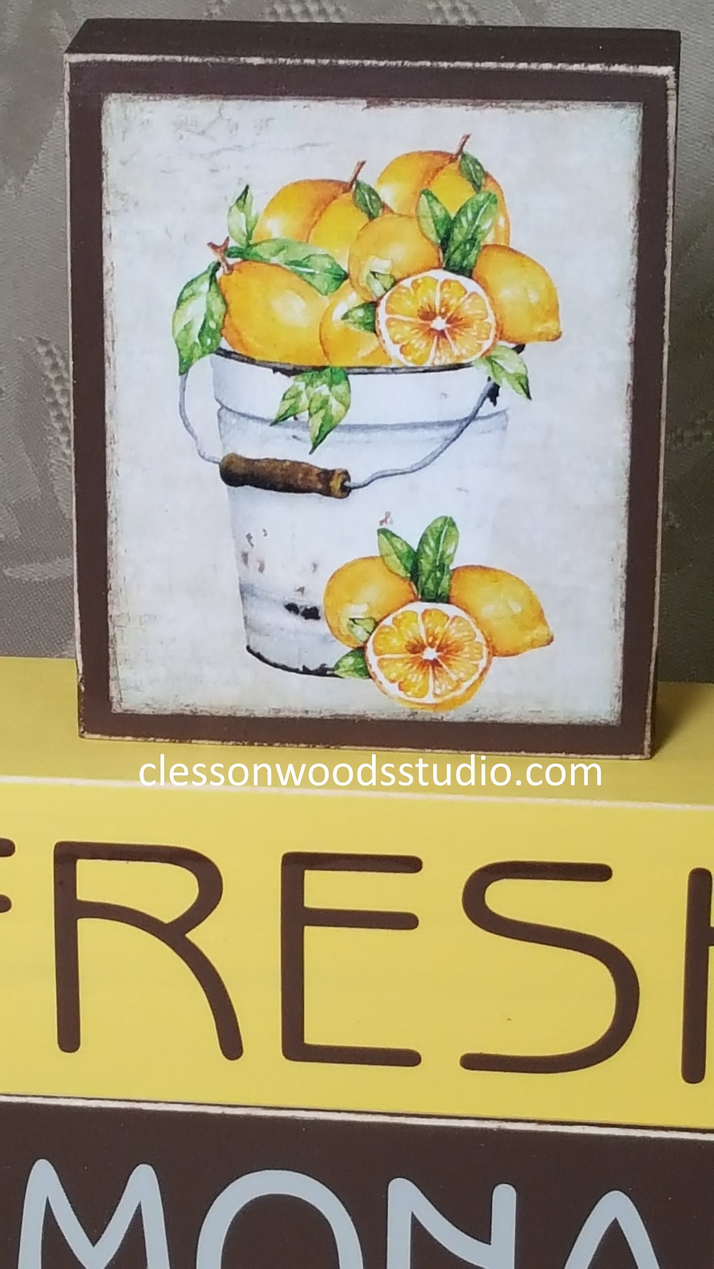 Fresh Lemonade Metal Bucket of Lemons Wood Block Stack