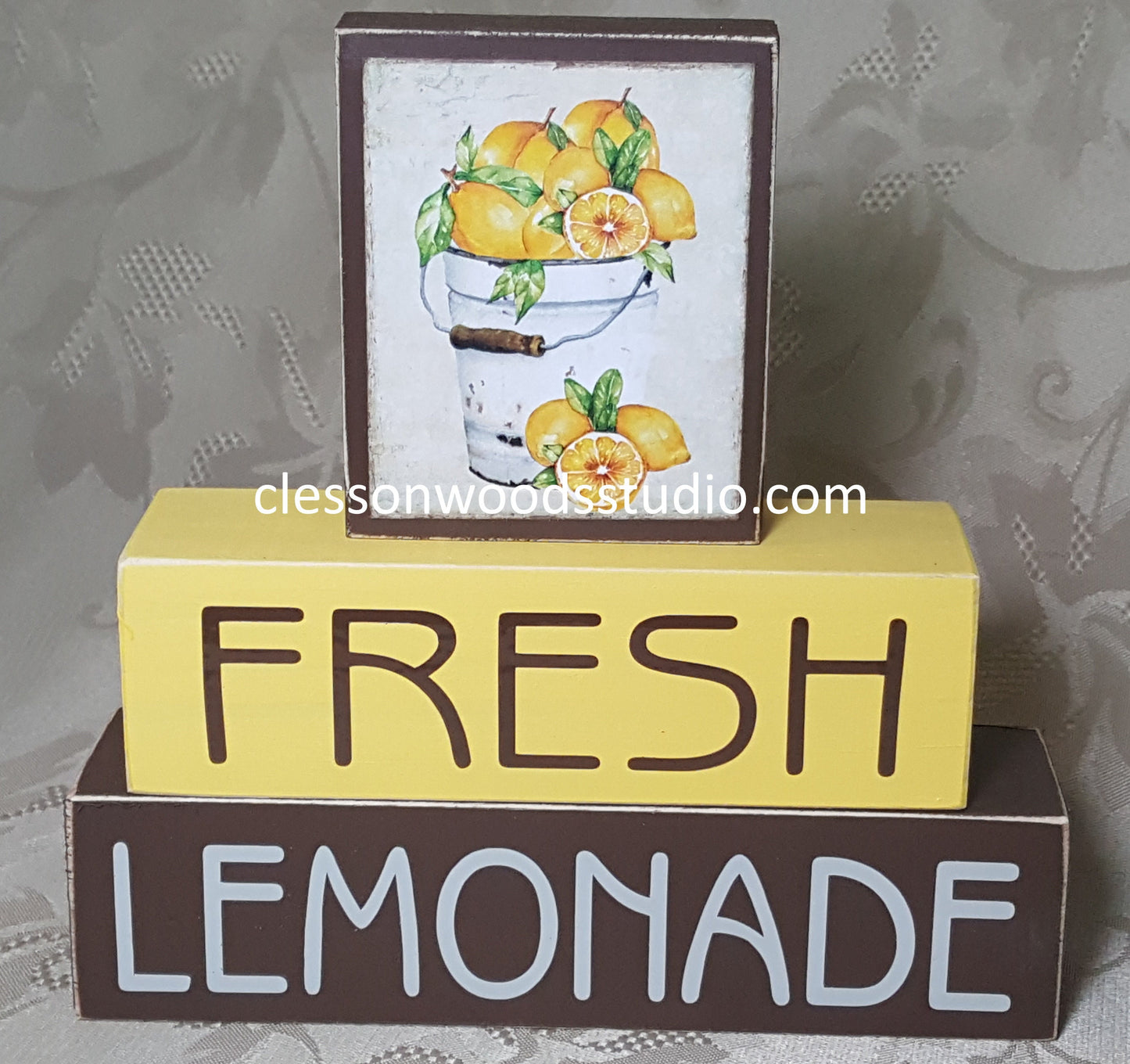 Fresh Lemonade Metal Bucket of Lemons Wood Block Stack