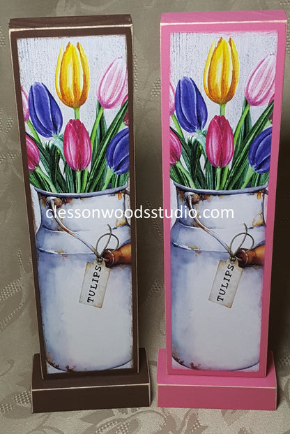 Tulips in Metal Bucket Vertical Wood Sign