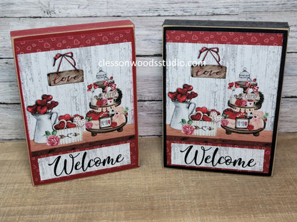 Valentine Welcome Tiered Tray Wood Block Sign