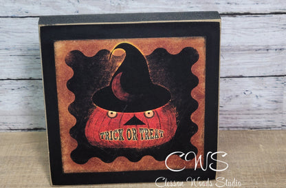 Primitive Trick Or Treat Pumpkin Wood Block Sign