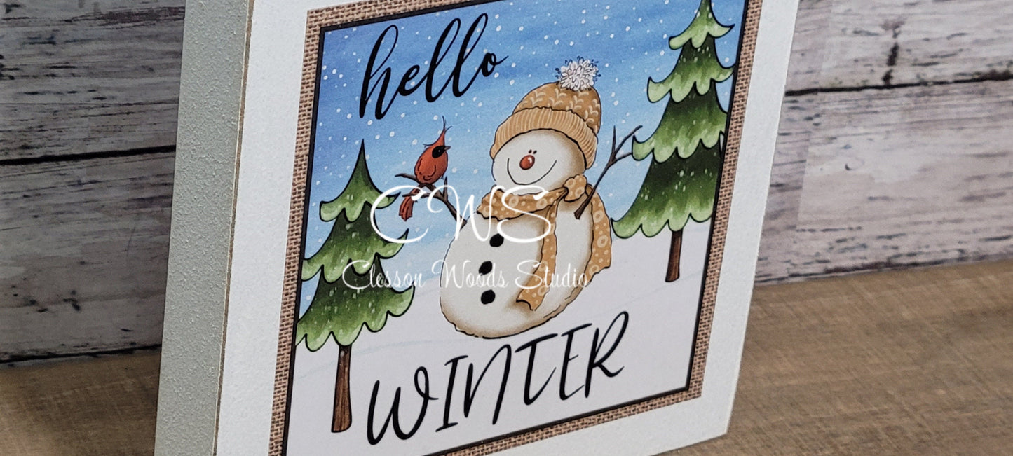 Hello Winter Wood Block Sign