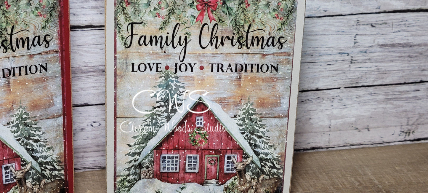 Family Christmas Love Joy Tradition Wood Sign