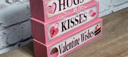 Hugs Kisses Valentine Wishes 2 Pink Wood Block Stack