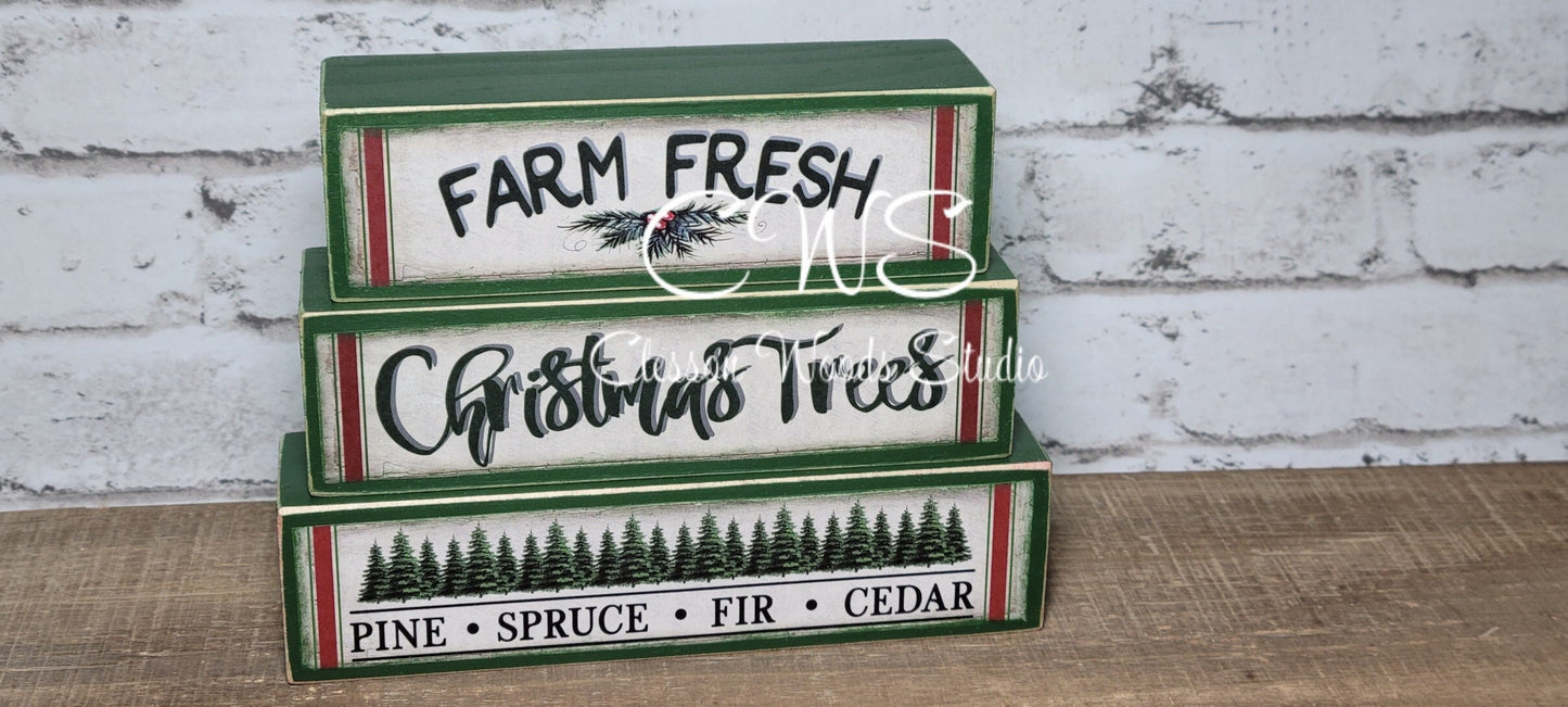 Farm Fresh Christmas Trees Green Wood Block Stack