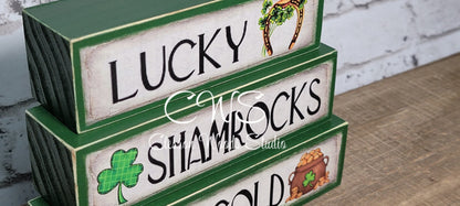 Lucky Shamrocks Pot O' Gold St. Patrick's Day Wood Block Stack